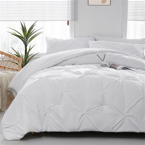 Downcool Queen Comforter Set Pintuck White Comforter Set Queen 3 Piece Bedding Comforter Sets