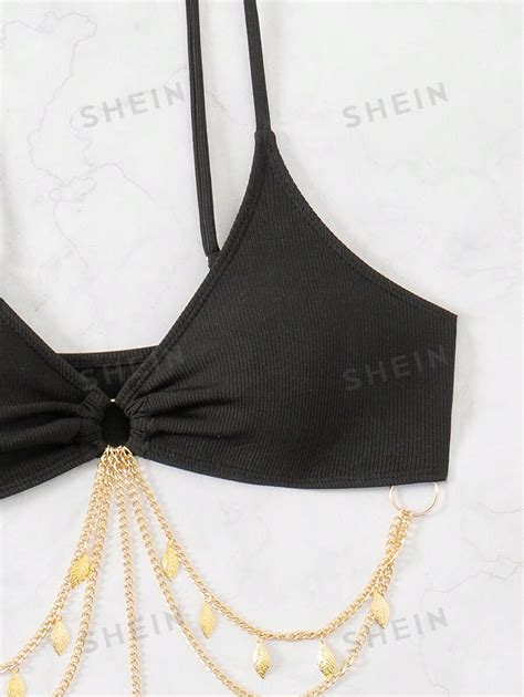 Shein Swim Women S Solid Color Circular Ring Connected Sexy Bikini Set Black Bathing Suits For