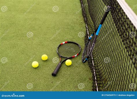 Tennis Racket With Balls On Green Background Stock Image Image Of