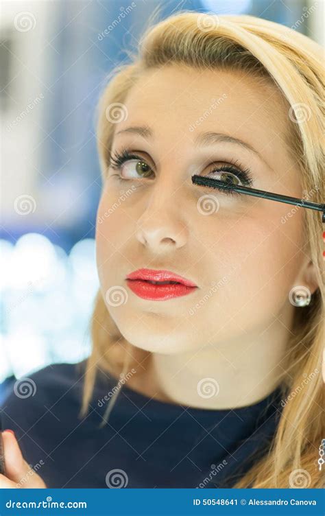 Blonde Woman Puts Mascara To Lashes Stock Image Image Of Perfect