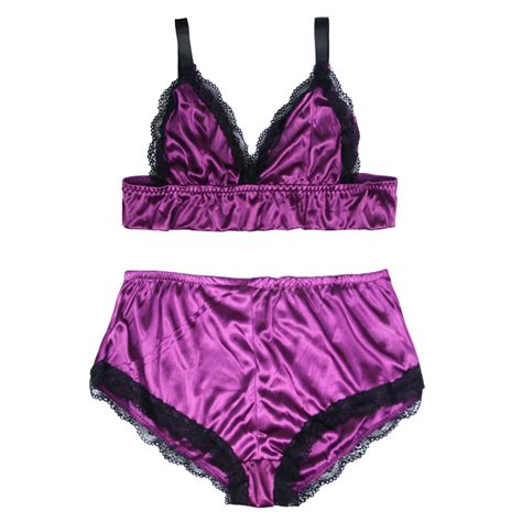 Sexy Purple Satin Spaghetti Strap Lace Trim Bra Top And Panty Lingerie Set N