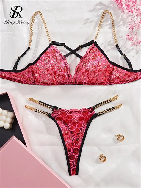 SINGREINY Embroidery Lace Sensual Lingerie Suits Sexy Bra Briefs Sets Chain Hollow Out