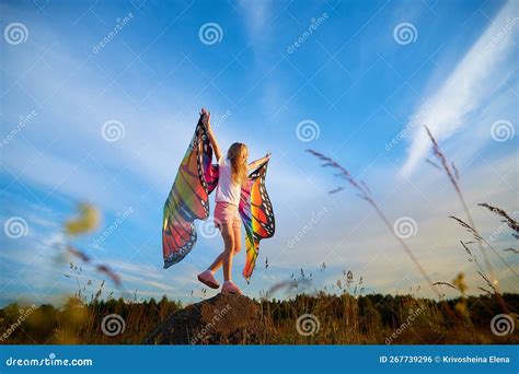 Jolie Fille Blonde Avec Ailes Papillon Brillant S Amuser Dans La Prairie Sur Le Paysage Naturel
