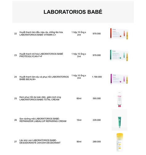 BẢNG GIÁ SẢN PHẨM LABORATORIOS BABE VIỆT NAM