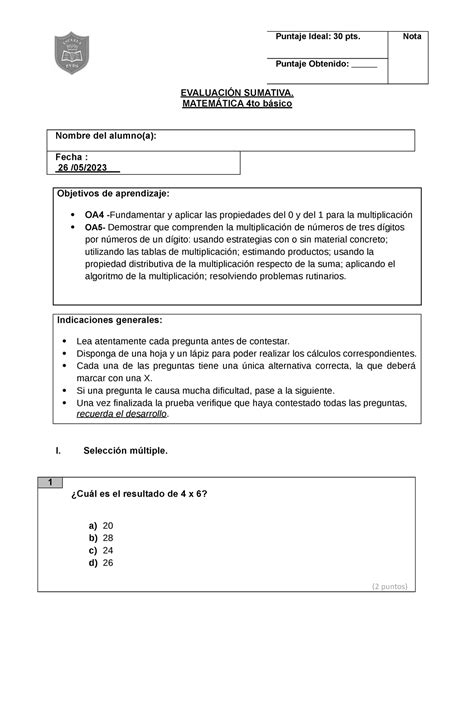 Prueba Matematica 4to EvaluaciÓn Sumativa MatemÁtica 4to Básico