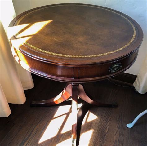 Vintage Duncan Phyfe Style Round Drum Table Leather Top Two Drawers