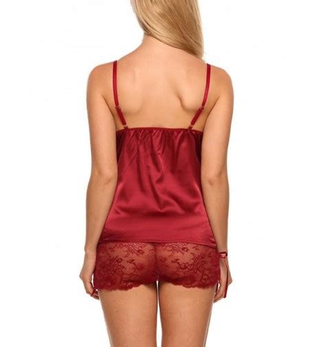 Women Nightwear Sexy Lingerie Satin Lace Chemise Babydoll Pajamas Shorts Set Wine Red