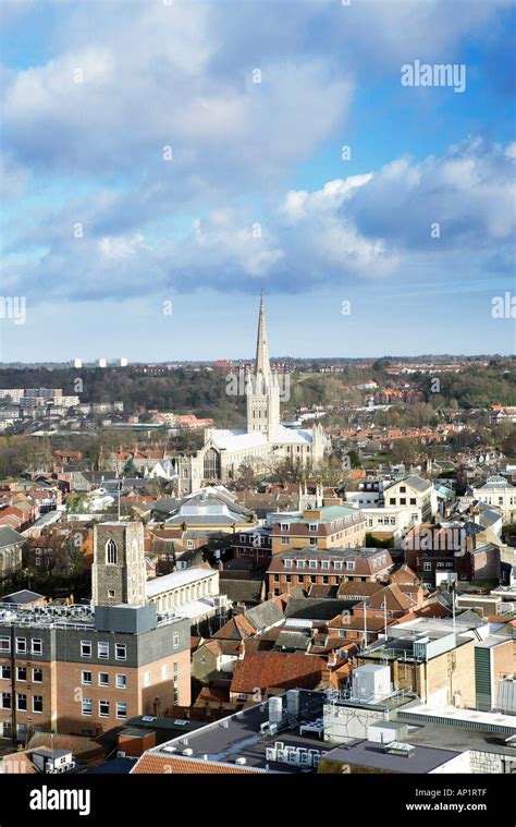 Aerial View Of City Centre And Cathedral Norwich Norfolk Uk Stock Photo