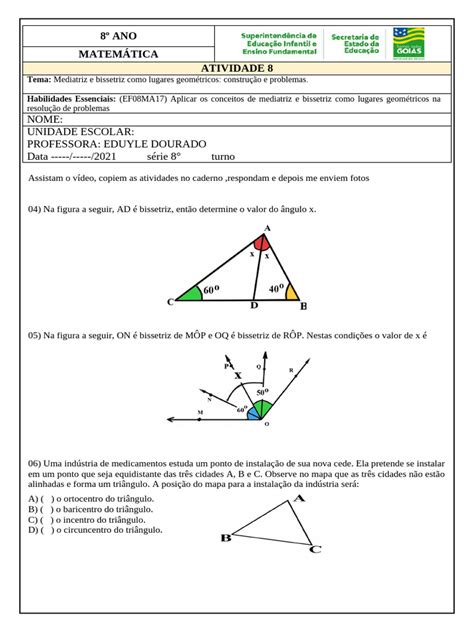 Atividades 8º Ano - Mediatriz e Bissetriz: Atividades 8º Ano | PDF