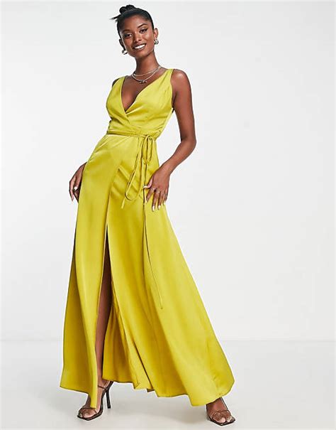 Asos Design Goldfarbenes Maxikleid Aus Satin Im Wickeldesign Mit