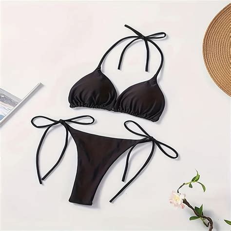 Generic 2025 New Pure Color Tied Bikini Swimsuit Female Vacation Beach Hot Spring Swimsuit