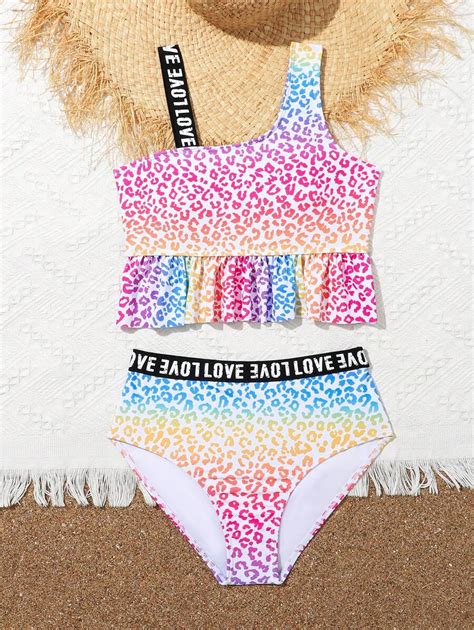 Tween Girls Leopard Print Letter Pattern Bikini Set With Asymmetrical Strap Summer SHEIN USA