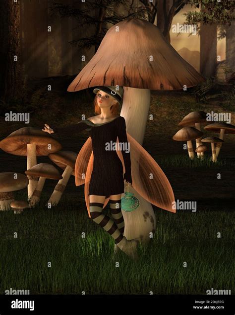 Pretty Brunette Fairy Sheltering Under A Mushroom D Digitally Rendered Illustration Stock