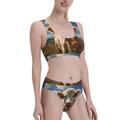 Noikeo Daisy Meadow Cow Pattern Bikini Set For Women Two Piece Swimsuits Low Rise Bathing Suits