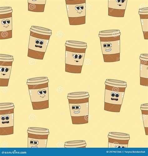 Seamless Pattern Of Groovy Coffee Cup Cartoon Characters In Trendy