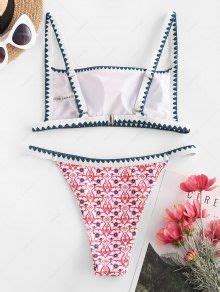 ZAFUL Bohemian Print Whip Stitch Tanga Bikini Swimwear In ROSE RED ZAFUL