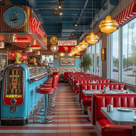 Premium AI Image | Interior of Retro 1950S Style Diner With Vinyl Booth Seating Jukebox Neo ...