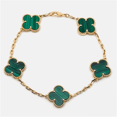 Van Cleef Arpels Vintage Alhambra Malachite 18k Yellow Gold 5 Motif