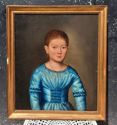 Proantic Portrait d une jeune fille en robe bleu XIXème