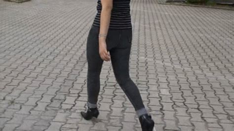 Hot Russian Girl In Skintight Grey Mustang Jeans And High Heels