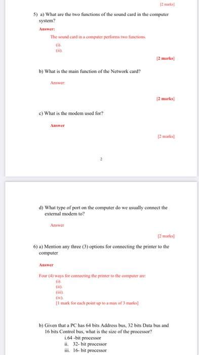 Solved 5) a) What are the two functions of the sound card in | Chegg.com