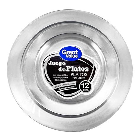 Juego De Platos Great Value Premium Transparentes Contorno Plateado 12