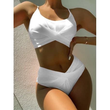 Solid Color Swimsuit High Waist Sexy Bikini Cross Split Two Piece Swimsuit Woman Beach Bikini