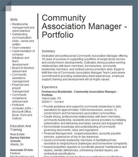 Portfolio Homeowner Association Manager Resume Example