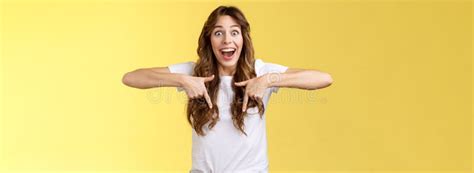 Excited Happy Cheerful Impressed Cute Brunette Girl Long Haircut Smiling Broadly Surprised React