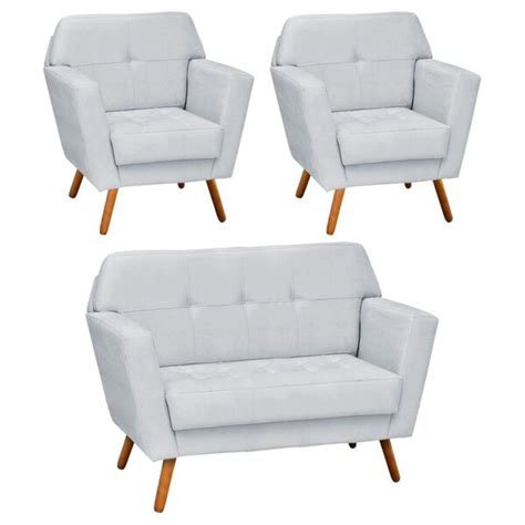 Conjunto Sofá Retrô 2 Lugares E 02 Poltronas Esmeralda Suede Cinza D