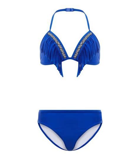 Ados Bikini bleu à franges avec bordure à imprimé aztèque Maillot de bain Bikini bleu Maillot