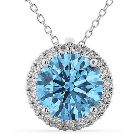 Halo Round Blue Topaz & Diamond Pendant Necklace 14k White Gold (2.79ct ...