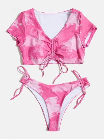 Emmiol Free Shipping Tie Dye Pleated Short Sleeve Bikini Beetroot Purple M In Bikini Sets