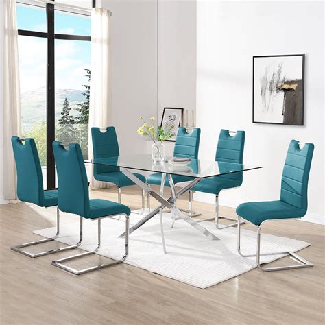 Daytona Large Glass Dining Table With 6 Petra Teal Chairs Furniture