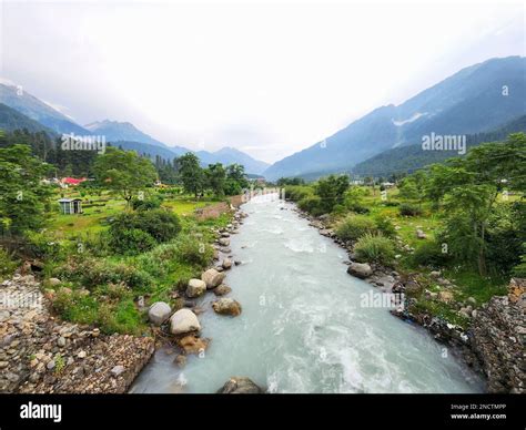 Lidder River From Pahalgam Against Mountainscape Kashmir India Stock