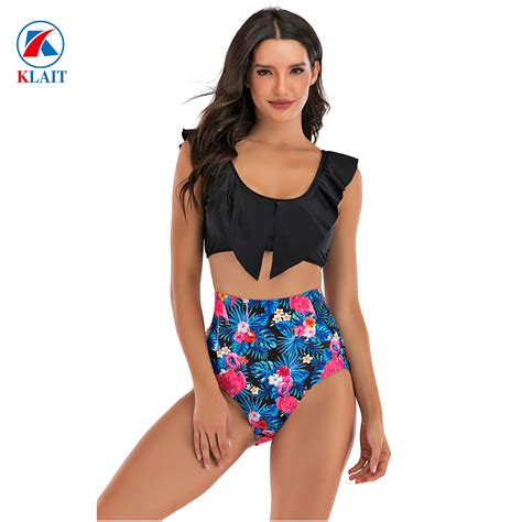 New Sexy Female Swimsuit Strap Print Ruffled Split High Waist Bikini Swimsuit And Swim Suit Price