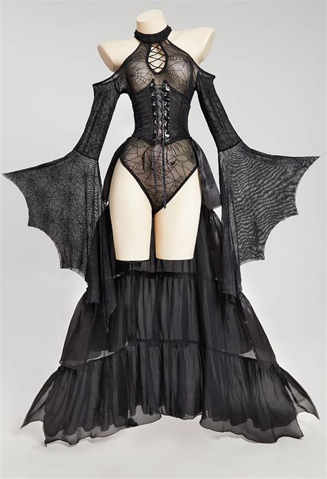PRETTY CRAWLER Gothic Sexy Bodysuit Gothic Lingerie Outfit Black Spider Web Off Shoulder