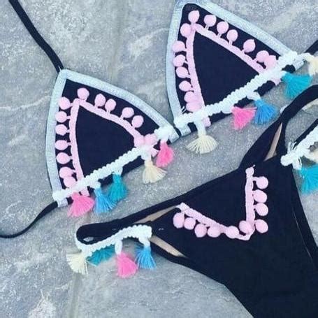 Black Colorful Tassel Edge Two Piece Bikini Halter Back Knot Swimsuit On Luulla