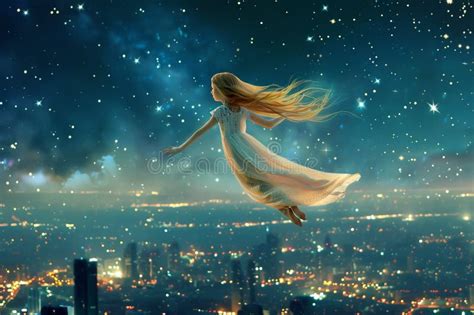 The Girl With Long Blonde Hair And Wearing White Night Dress In Flight Over A Night City Stock