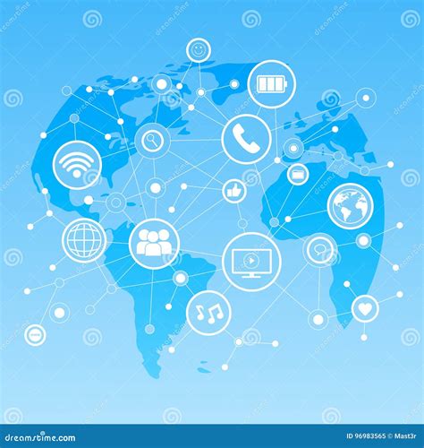 Social Media Icons Over World Map Background Network Communication