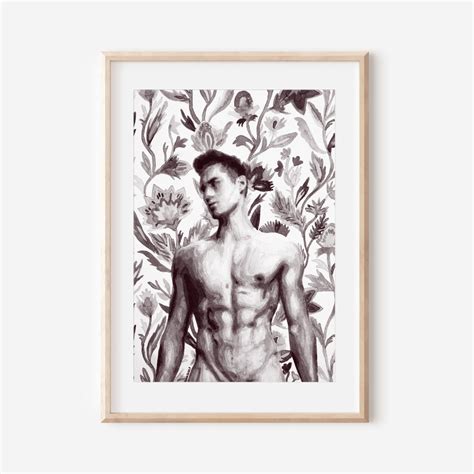 Gay Wall Art Nude Male With Spring Flowers Black White Erotic Print For LGBTQ Decor