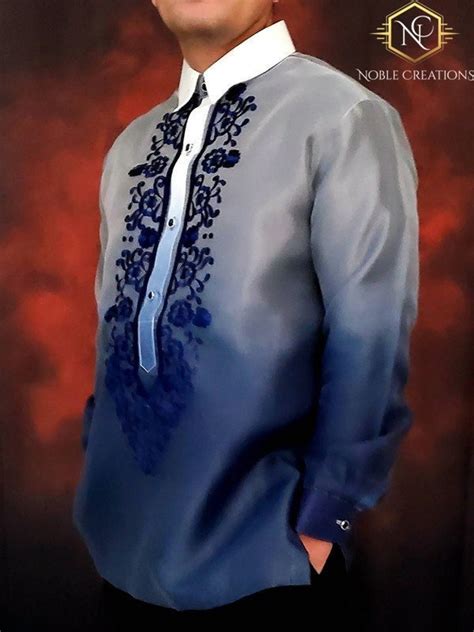 Barong Tagalog Navy Blue Embroidered With Inner Lining Filipino