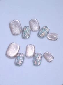 Pure Handmade Press On Nails Khaki Nude Color Cat S Eye Pcs Nail Tips Short Square