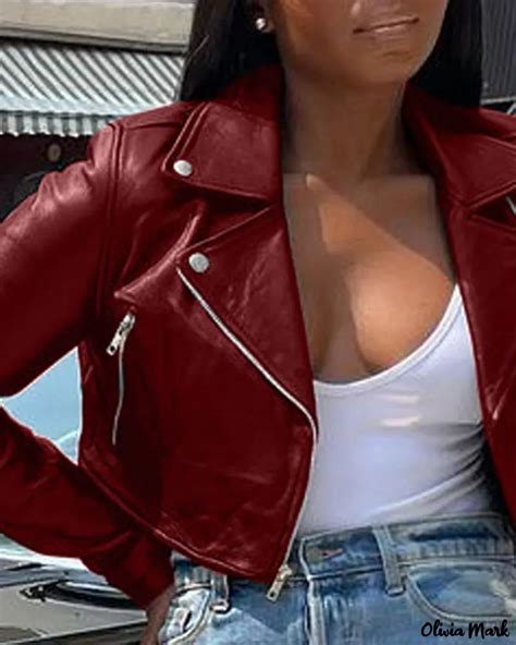 Olivia Mark Long Sleeve Zipper Pu Leather Jacket Red Leather Jacket Outfit Long Sleeve