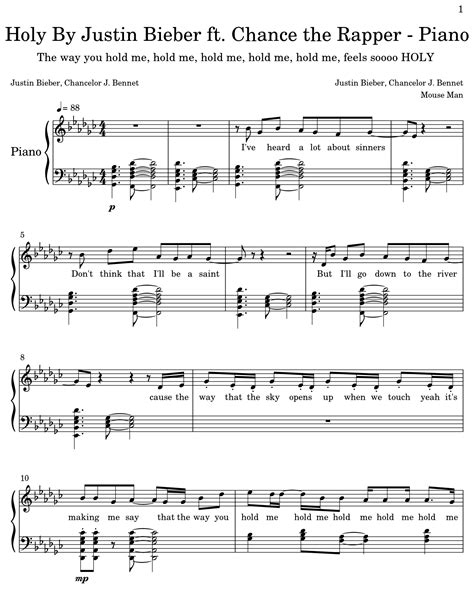 Holy By Justin Bieber Ft Chance The Rapper Piano Sheet Music For Piano