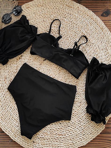 Women Bikini Swimsuit Black Pleated Stretch Raised Waist Summer Beach Swimwear Milanoo