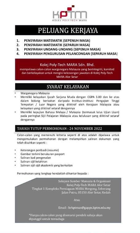 Iklan Jawatan Kolej Poly Tech MARA KPTM Jobs Hub