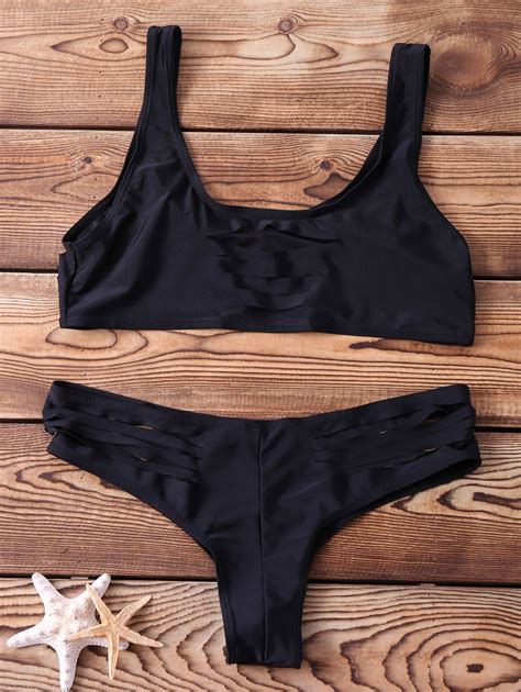 Off Sexy Spaghetti Strap Solid Color Cut Out Women S Bikini Set In Black Dresslily