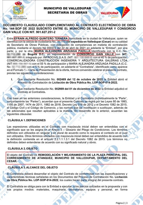 Cláusula del contrato de obra N 144 SOP de 2022 para la remodelación y