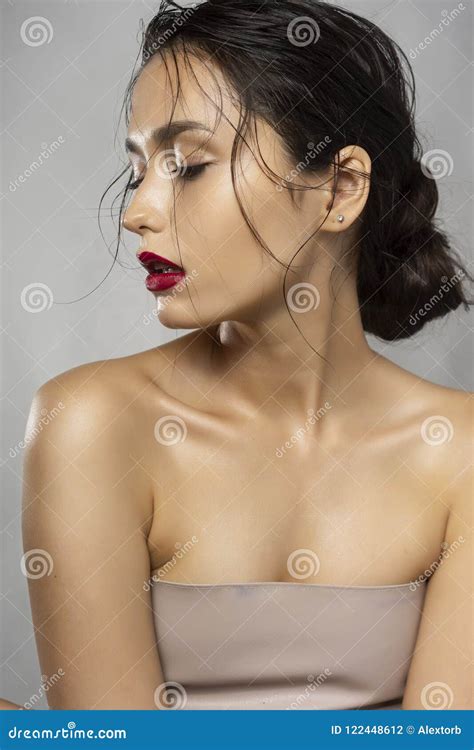 Beautiful Brunette Girl Fashion Model With Naked Shoulders And W Stock Photo Cartoondealer